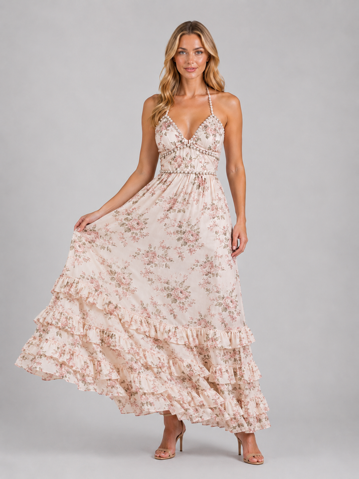 Women's Floral Ruffle Maxi Dress – Beaded Halter Neck