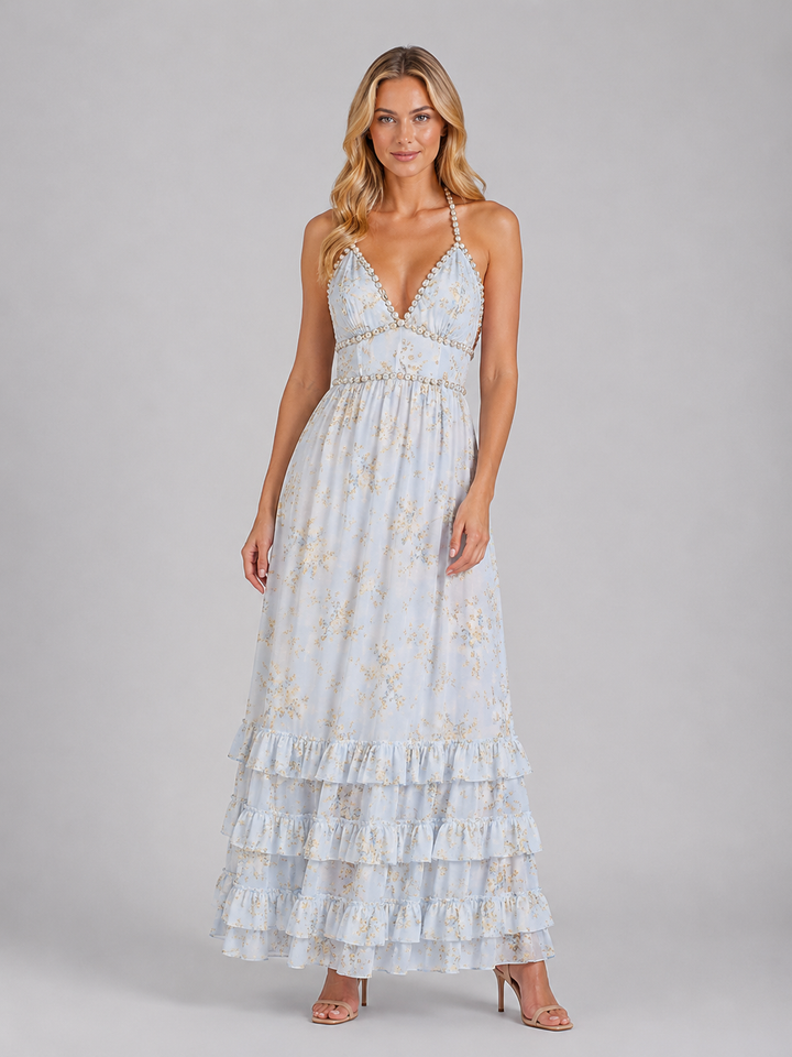 Women's Floral Ruffle Maxi Dress – Beaded Halter Neck