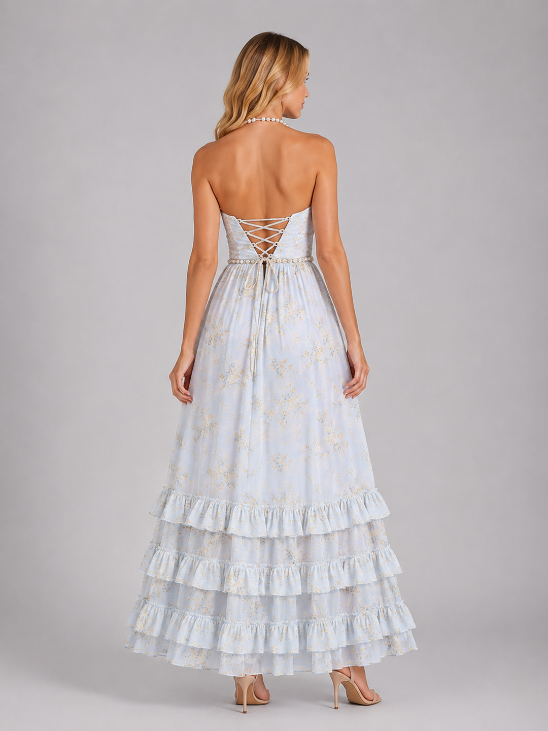 Women's Floral Ruffle Maxi Dress – Beaded Halter Neck