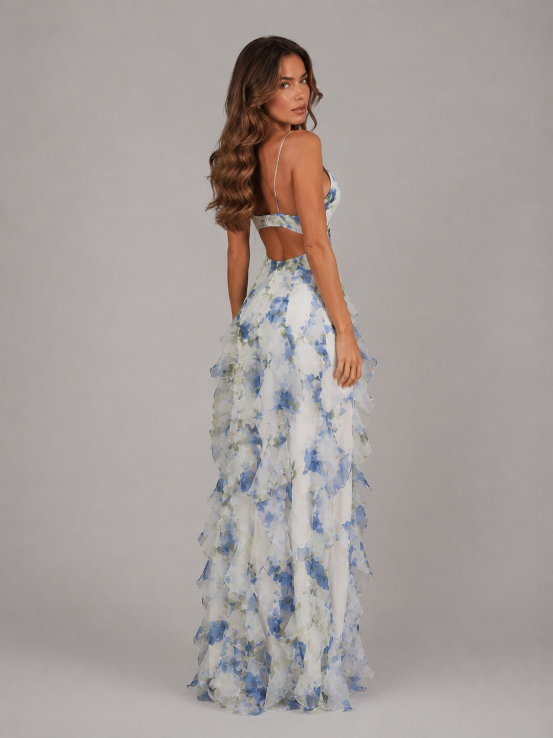 Women’s Floral Ruffle Maxi Dress – Chiffon Look Summer Elegance