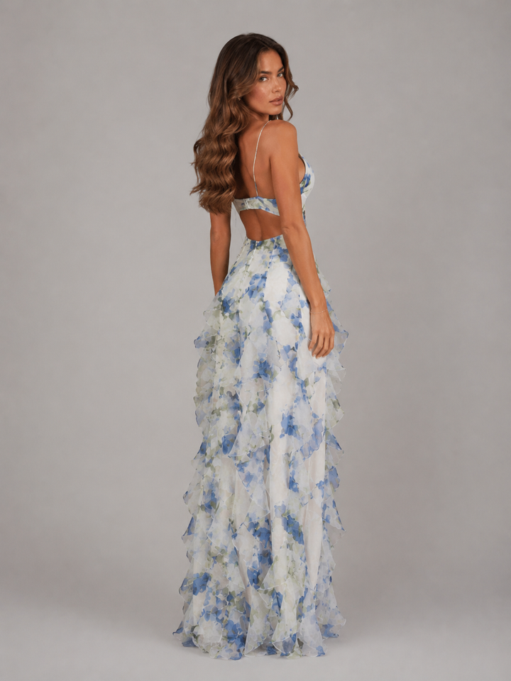 Women’s Floral Ruffle Maxi Dress – Chiffon Look Summer Elegance