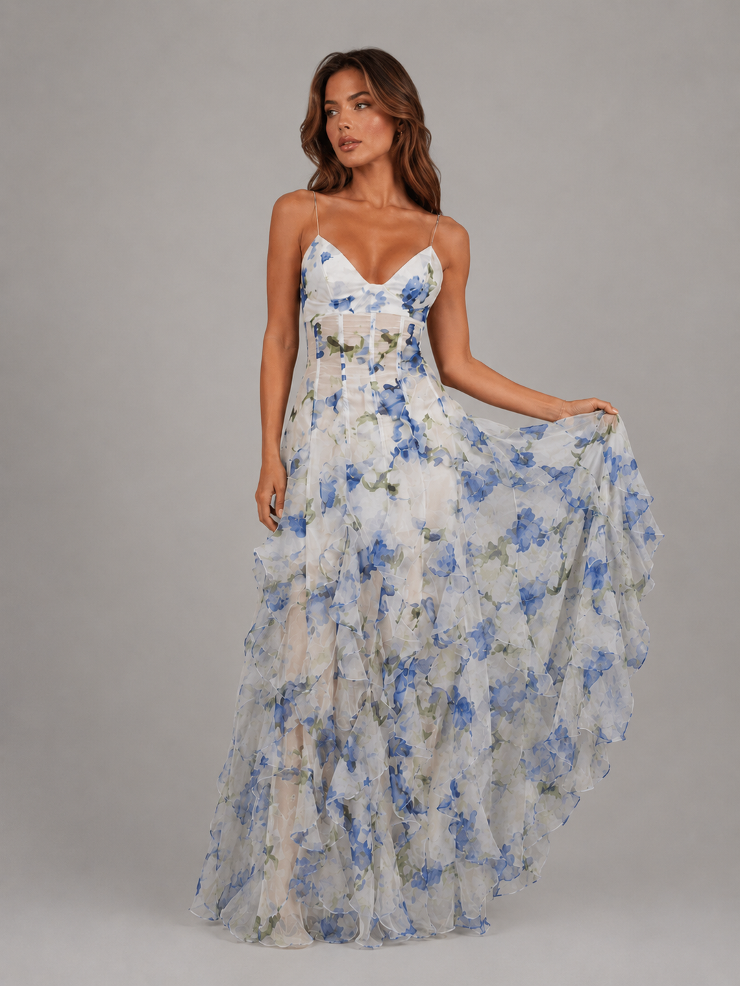 Women’s Floral Ruffle Maxi Dress – Chiffon Look Summer Elegance