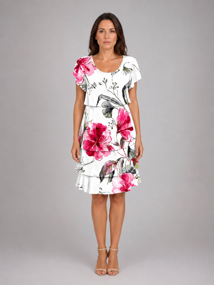 Women's Floral Ruffle Mini Dress – Layered Short Sleeve Style