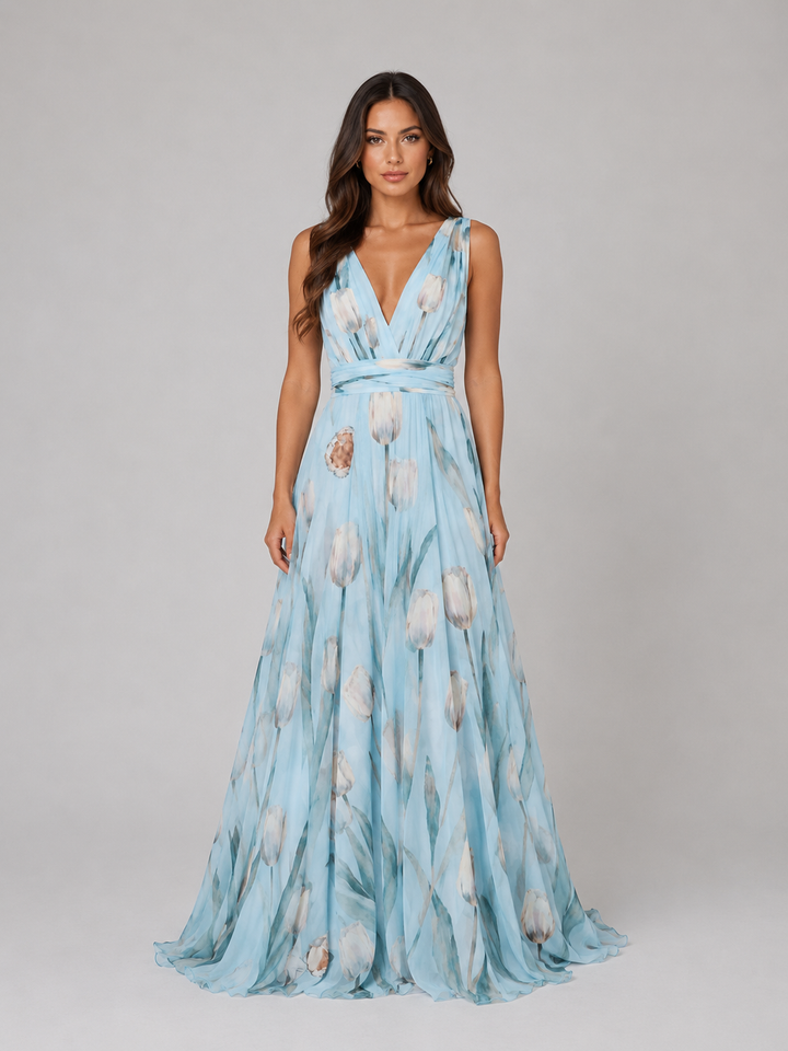 Women’s Floral V-Neck Maxi Dress with Cinched Waist – Summer Occasion Style