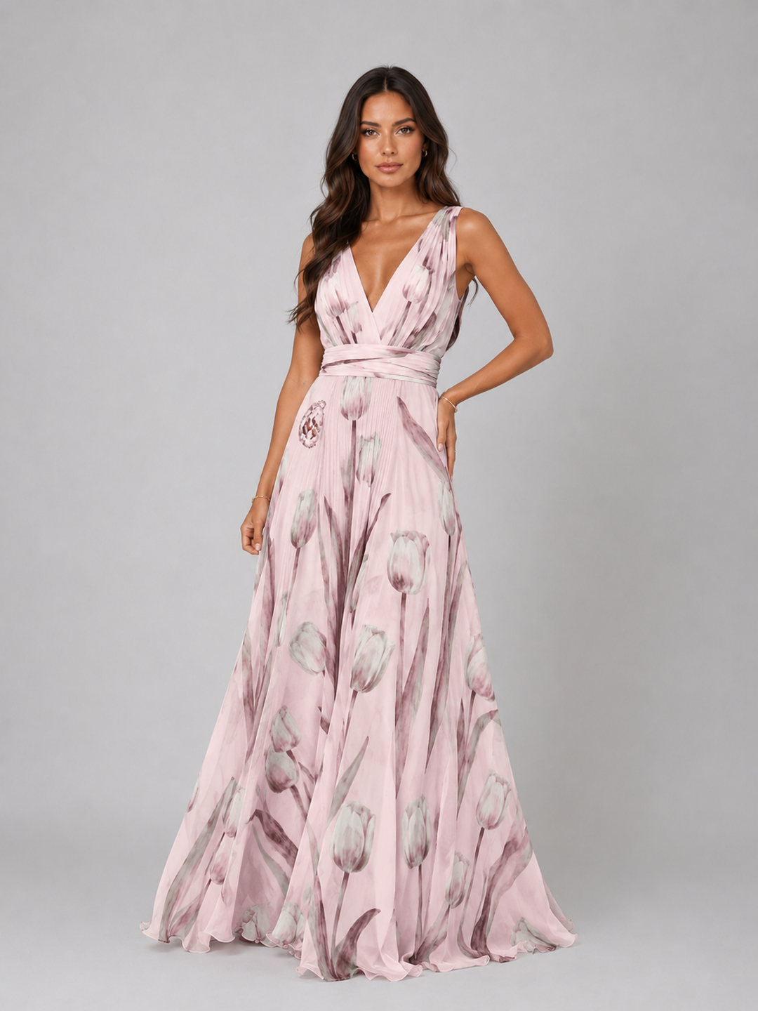 Women’s Floral V-Neck Maxi Dress with Cinched Waist – Summer Occasion Style