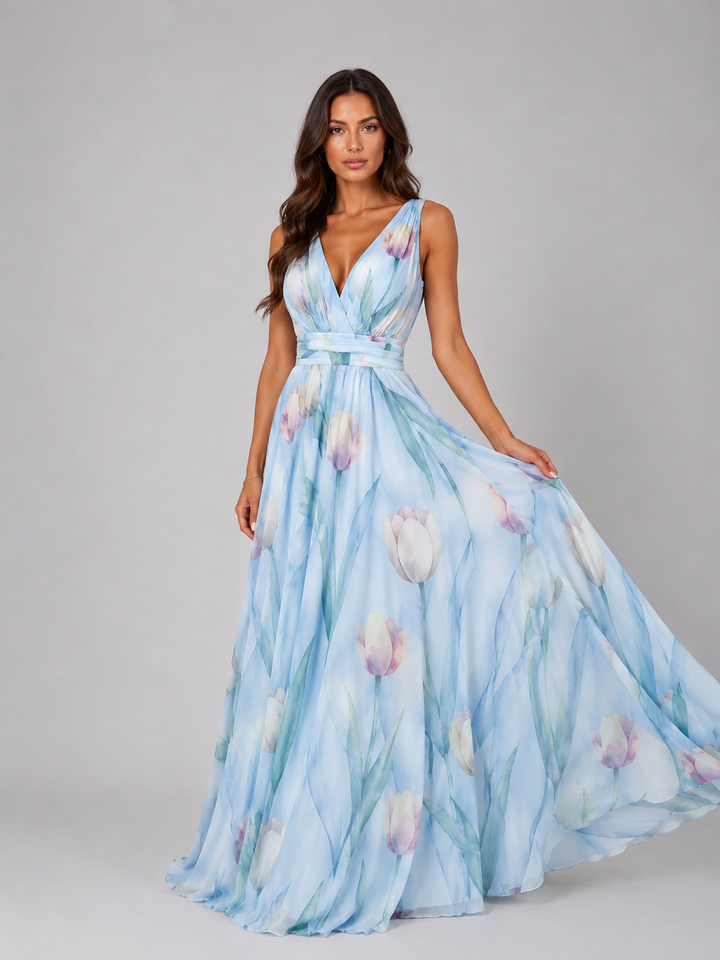 Women’s Floral V-Neck Maxi Dress with Cinched Waist – Summer Occasion Style