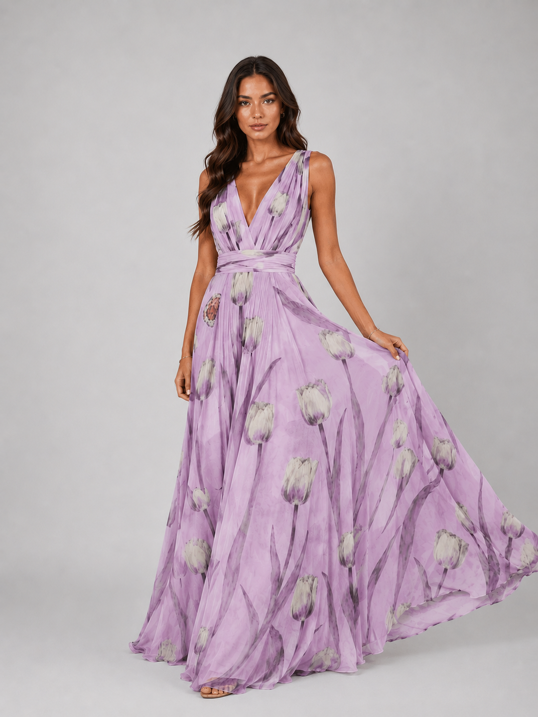 Women’s Floral V-Neck Maxi Dress with Cinched Waist – Summer Occasion Style