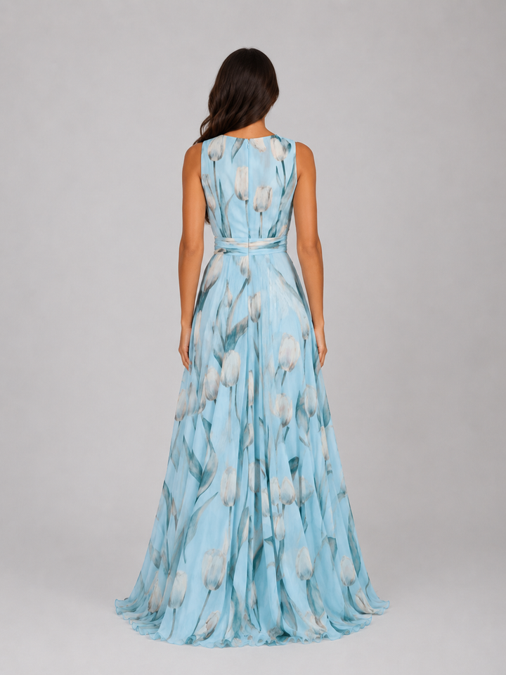 Women’s Floral V-Neck Maxi Dress with Cinched Waist – Summer Occasion Style