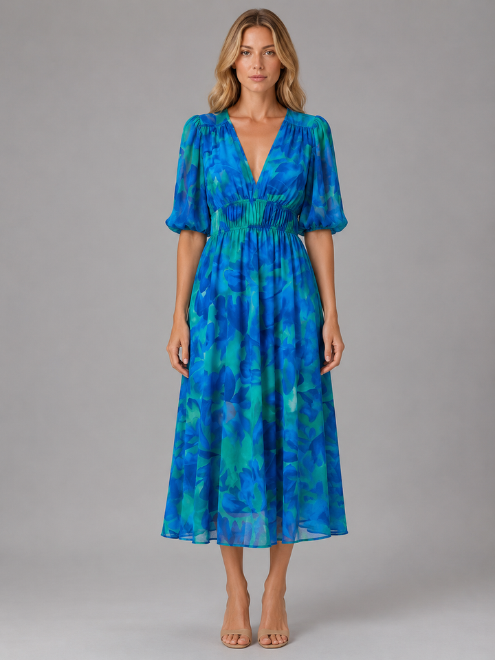 Women’s Floral V-Neck Midi Dress – Elegant Summer Occasion