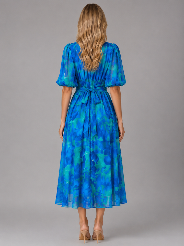 Women’s Floral V-Neck Midi Dress – Elegant Summer Occasion