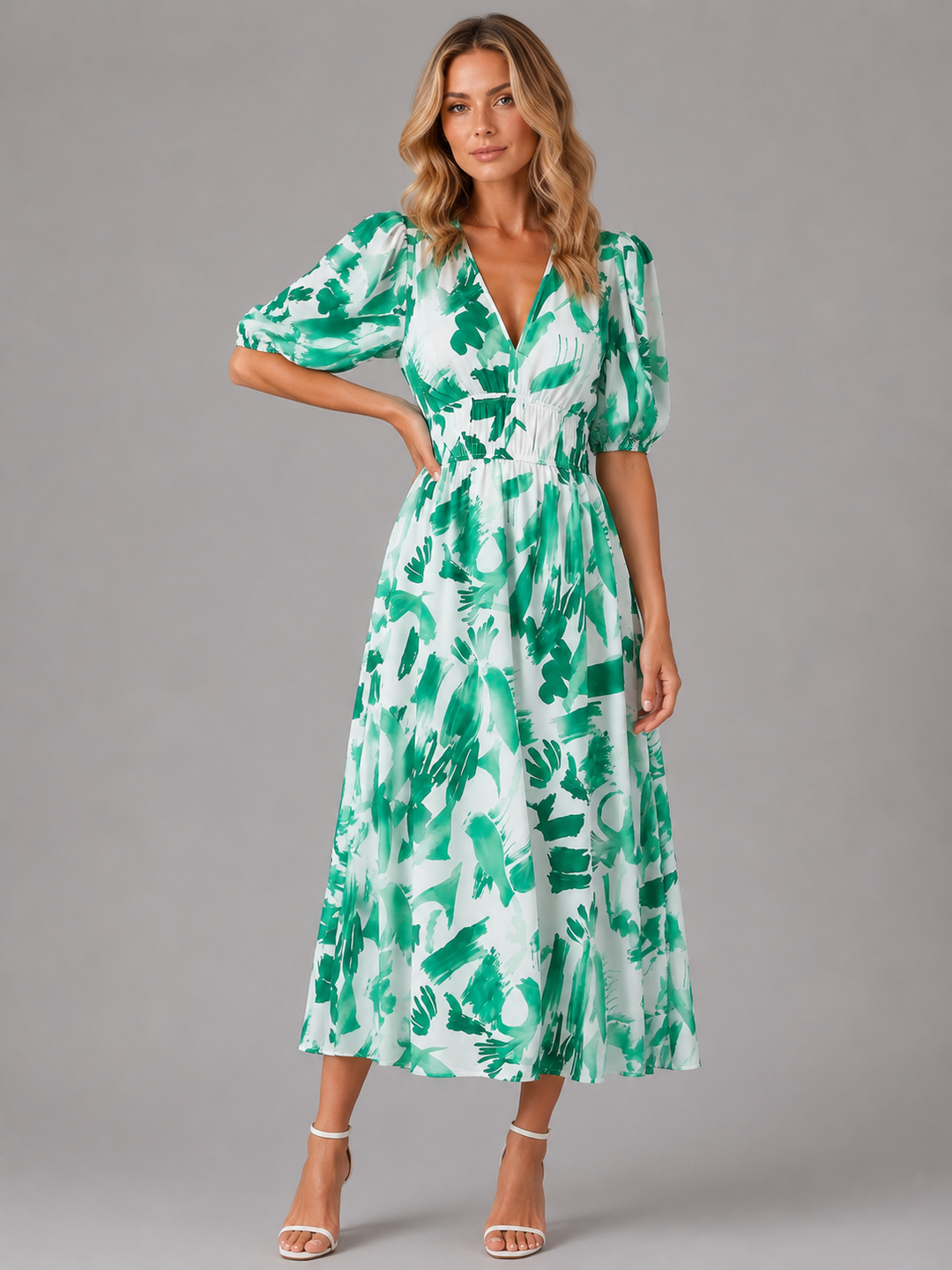 Women’s Floral V-Neck Midi Dress – Elegant Summer Occasion