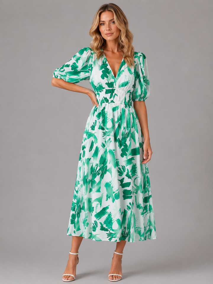 Women’s Floral V-Neck Midi Dress – Elegant Summer Occasion