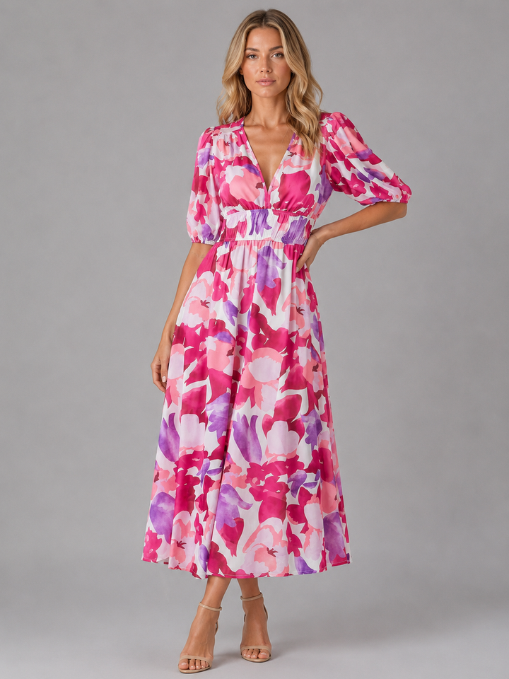 Women’s Floral V-Neck Midi Dress – Elegant Summer Occasion