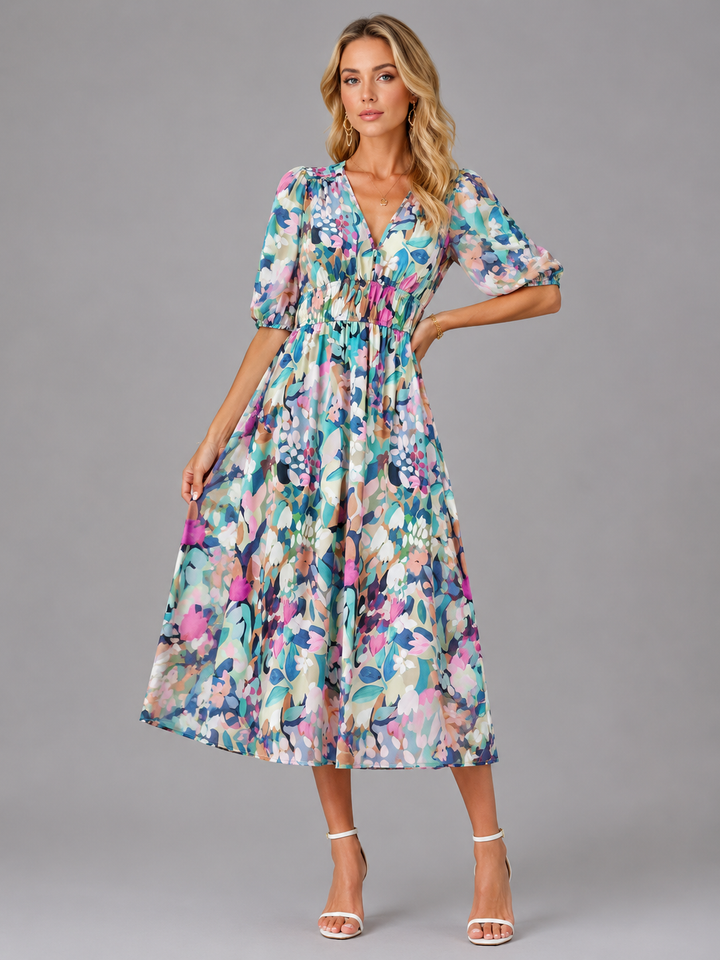 Women’s Floral V-Neck Midi Dress – Elegant Summer Occasion