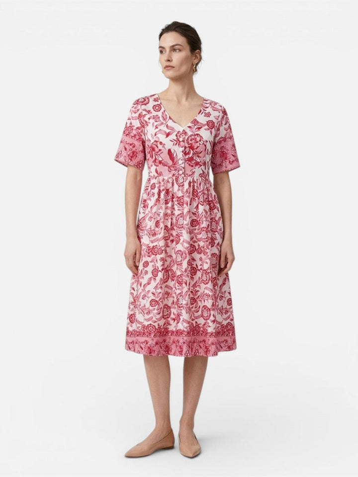 Women’s Floral V-Neck Midi Dress – Relaxed Summer Elegance
