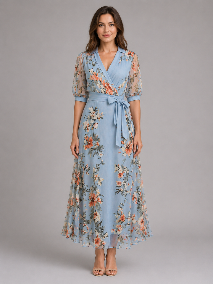Women’s Floral Wrap Maxi Dress – Waist Tie Fit