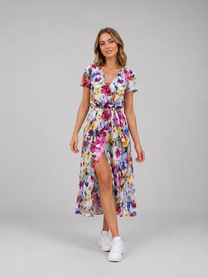 Women’s Floral Wrap Midi Dress – Relaxed Summer Elegance