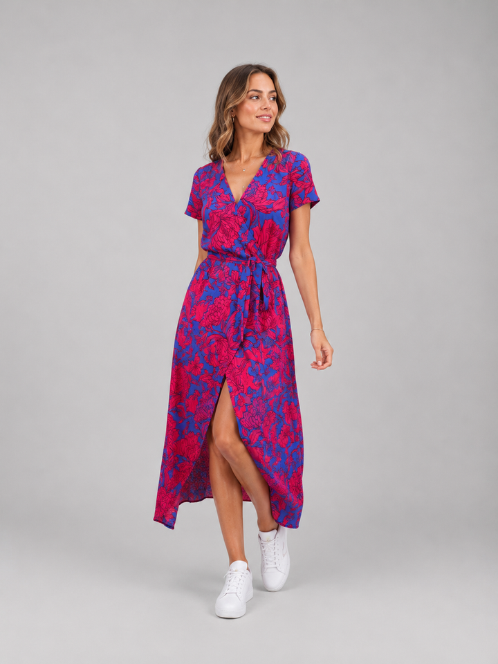 Women’s Floral Wrap Midi Dress – Relaxed Summer Elegance