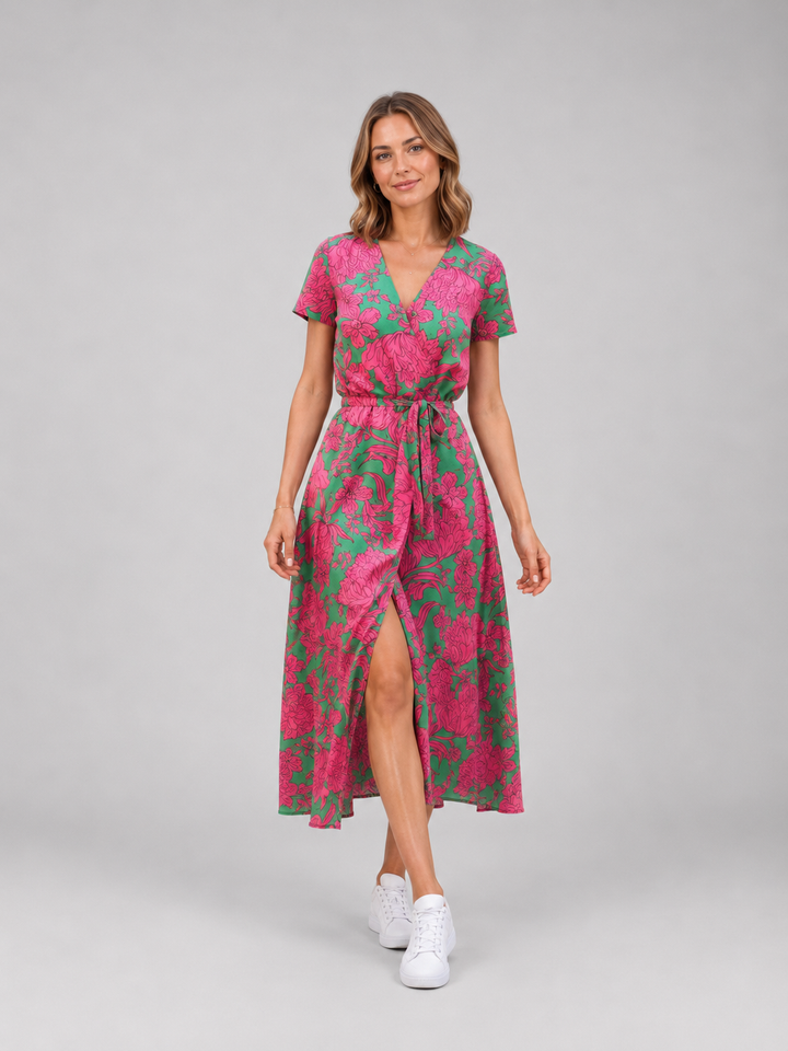Women’s Floral Wrap Midi Dress – Relaxed Summer Elegance