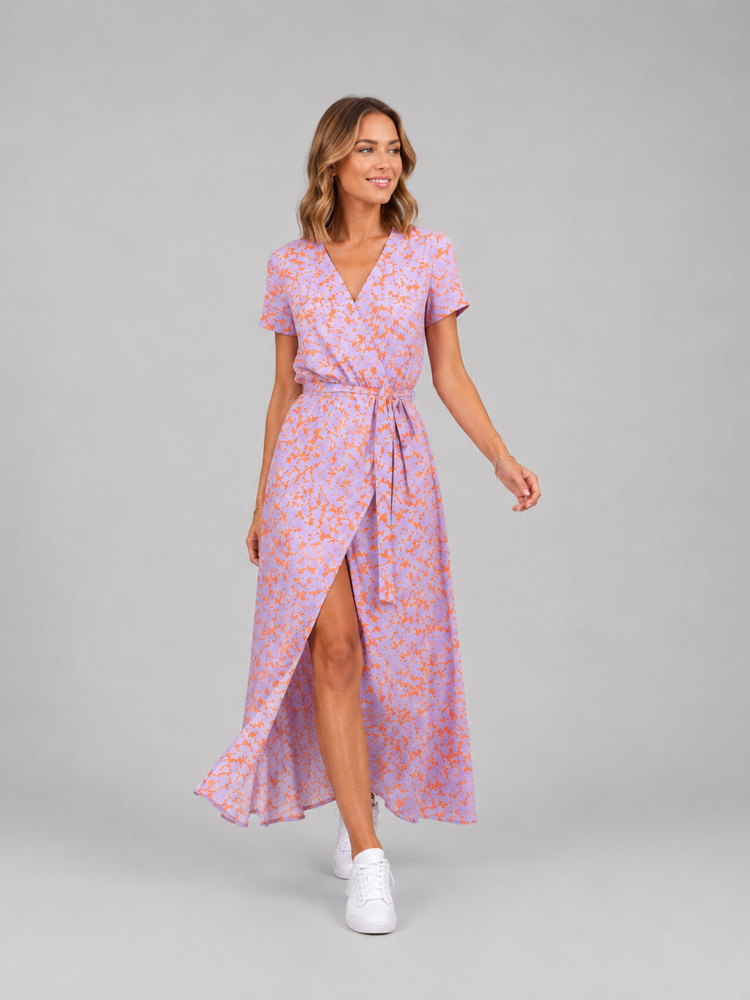 Women’s Floral Wrap Midi Dress – Relaxed Summer Elegance
