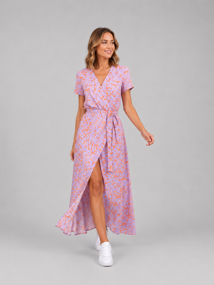 Women’s Floral Wrap Midi Dress – Relaxed Summer Elegance