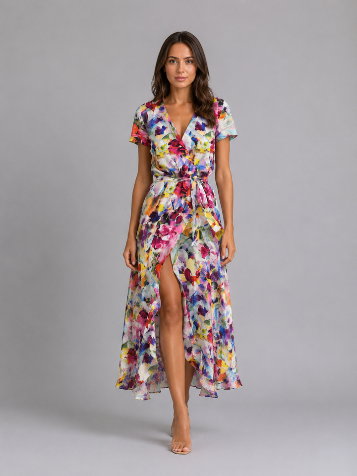 Women's Floral Wrap Midi Dress – Tie Waist Summer Style
