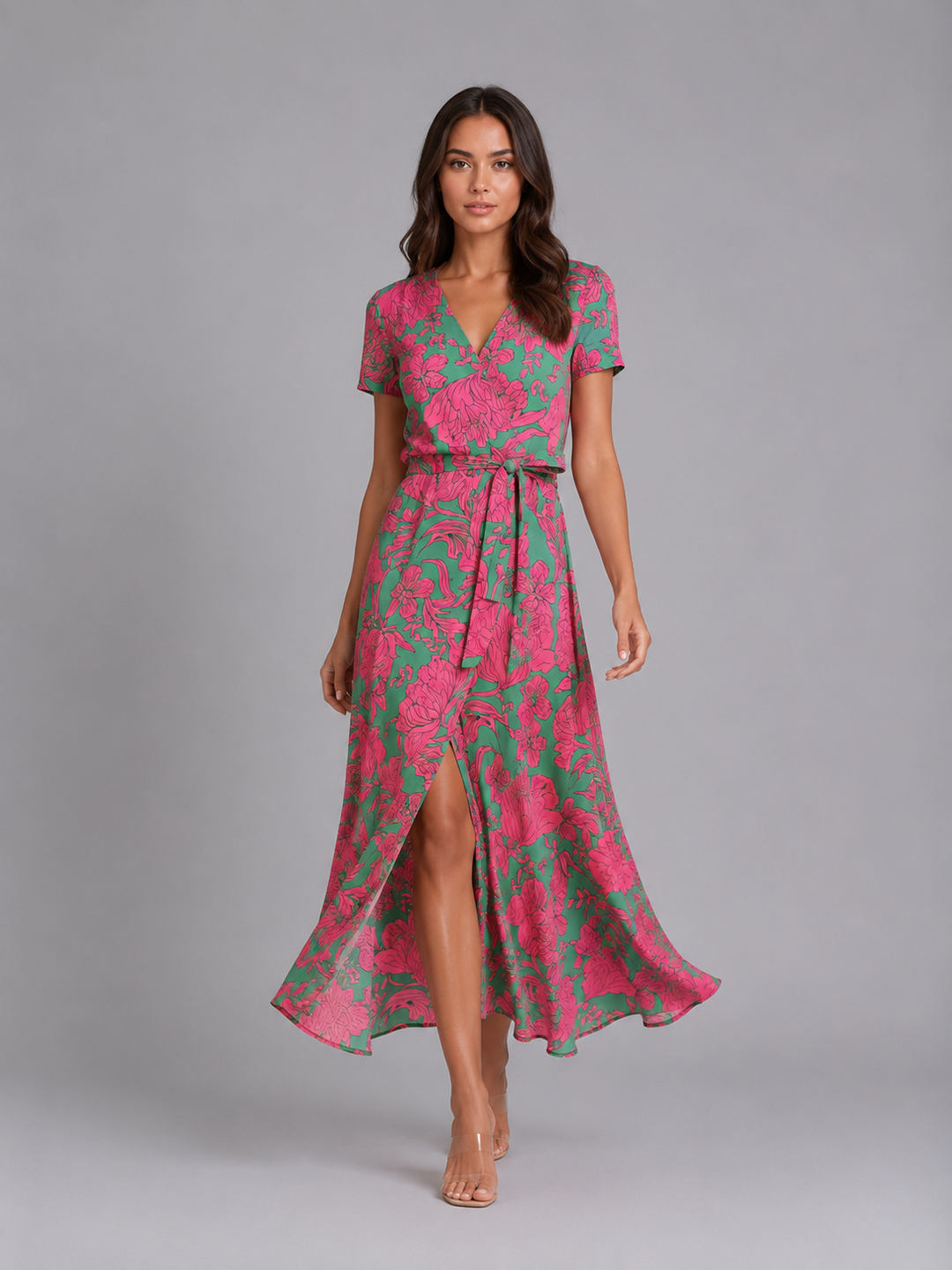 Women's Floral Wrap Midi Dress – Tie Waist Summer Style