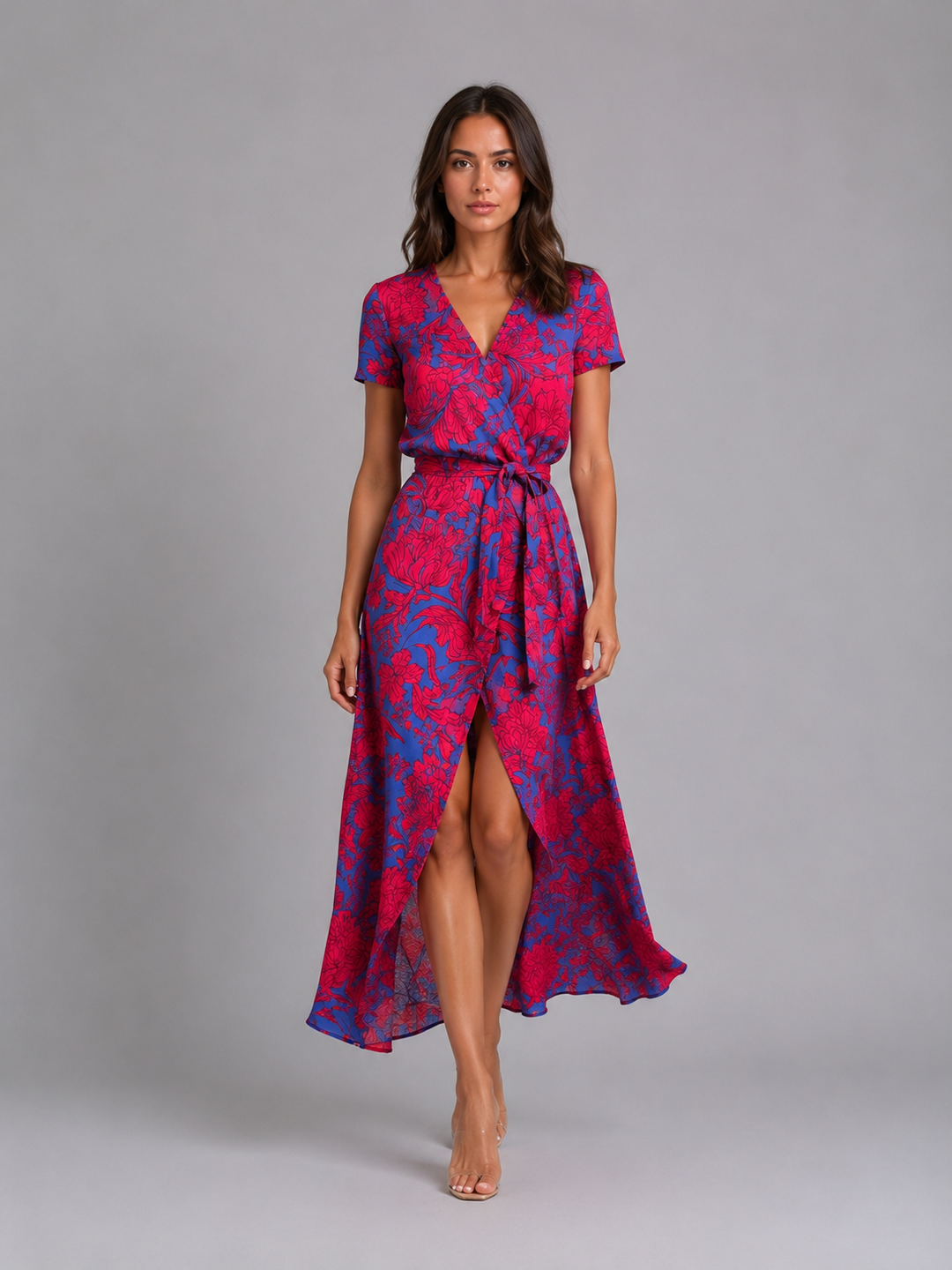 Women's Floral Wrap Midi Dress – Tie Waist Summer Style