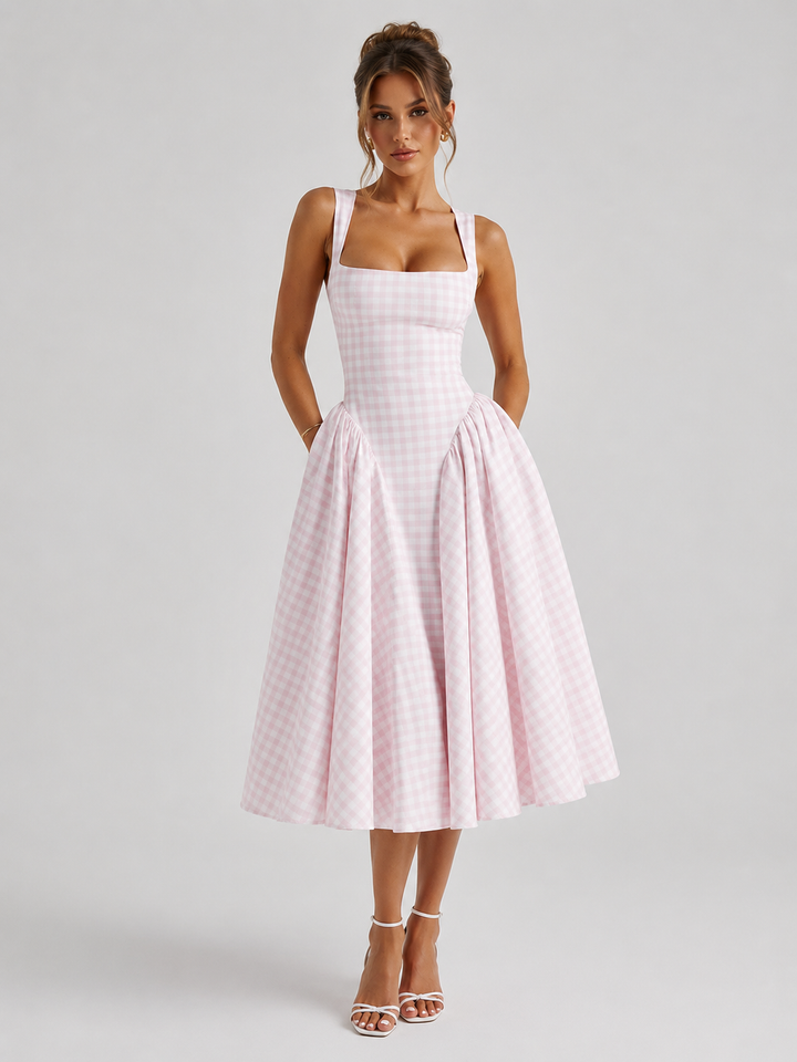 Women’s Gingham Midi Dress – Sculpted Waist Full Skirt Fit
