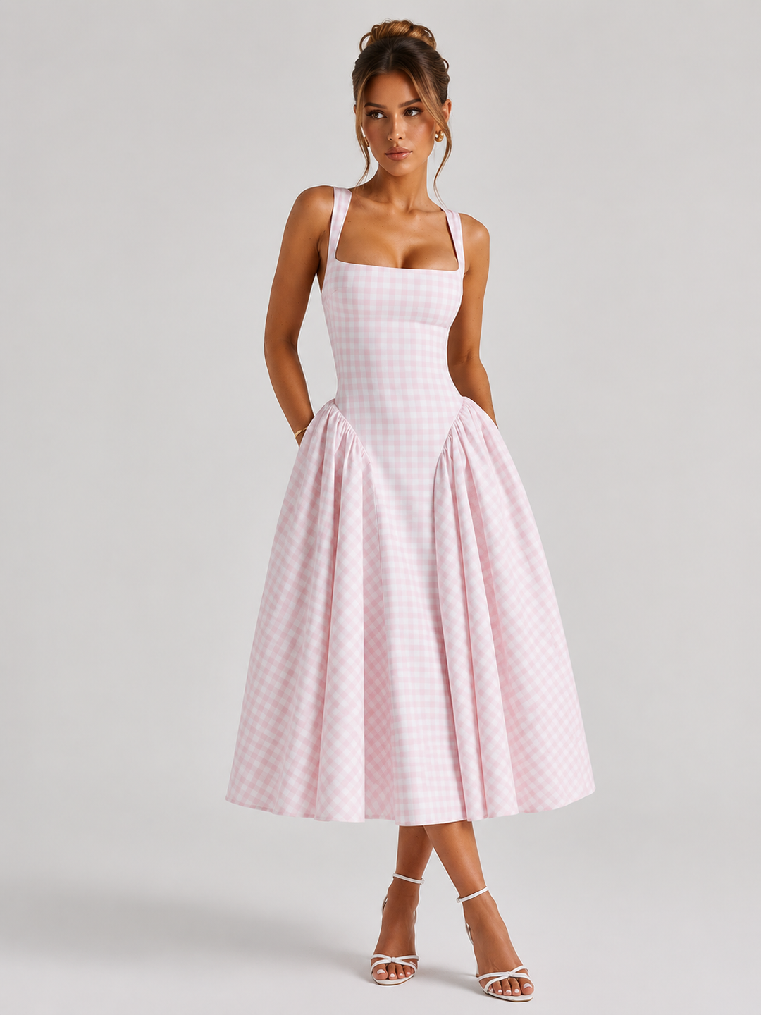 Women’s Gingham Midi Dress – Sculpted Waist Full Skirt Fit