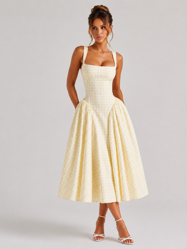 Women’s Gingham Midi Dress – Sculpted Waist Full Skirt Fit
