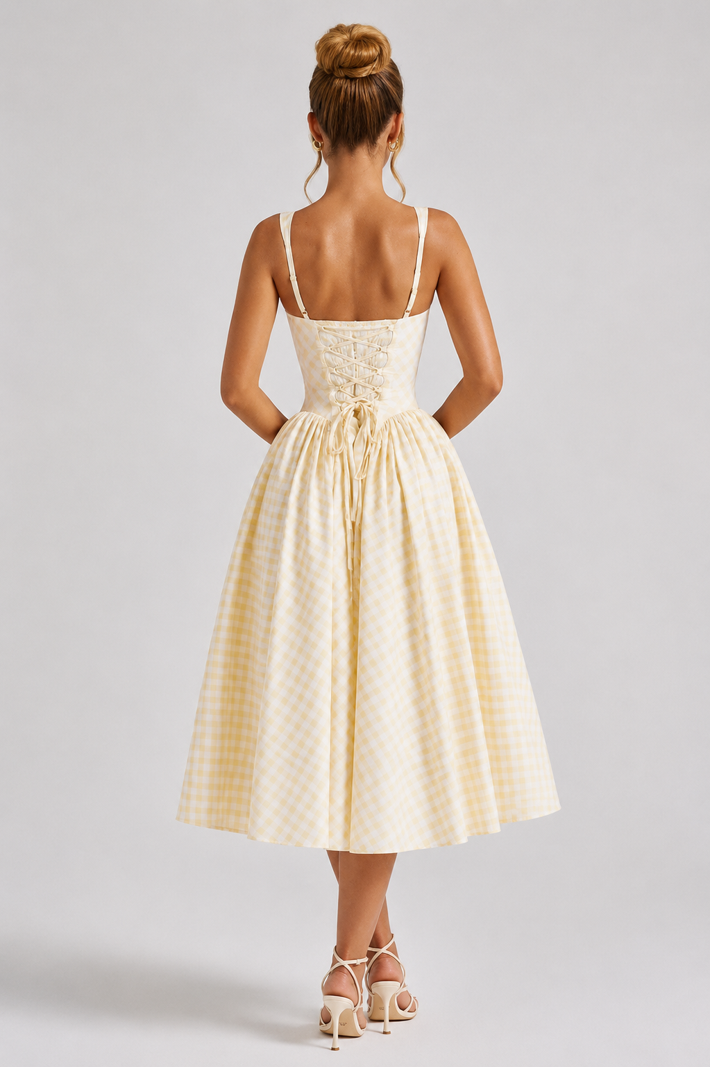 Women’s Gingham Midi Dress – Sculpted Waist Full Skirt Fit