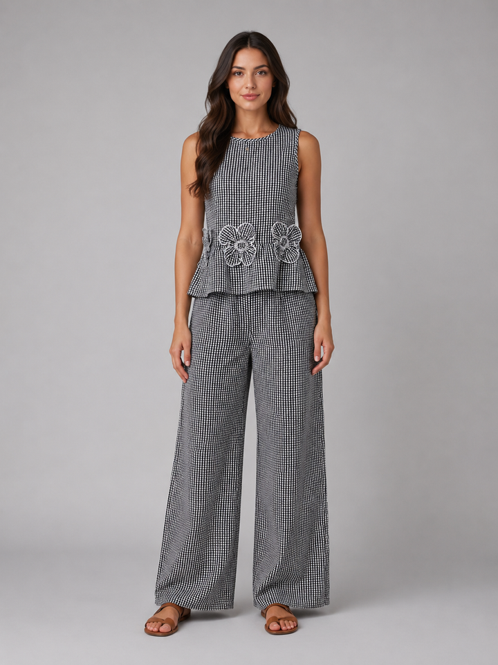 Women's Gingham Two-Piece Set – Sleeveless Top & Wide Leg Trousers