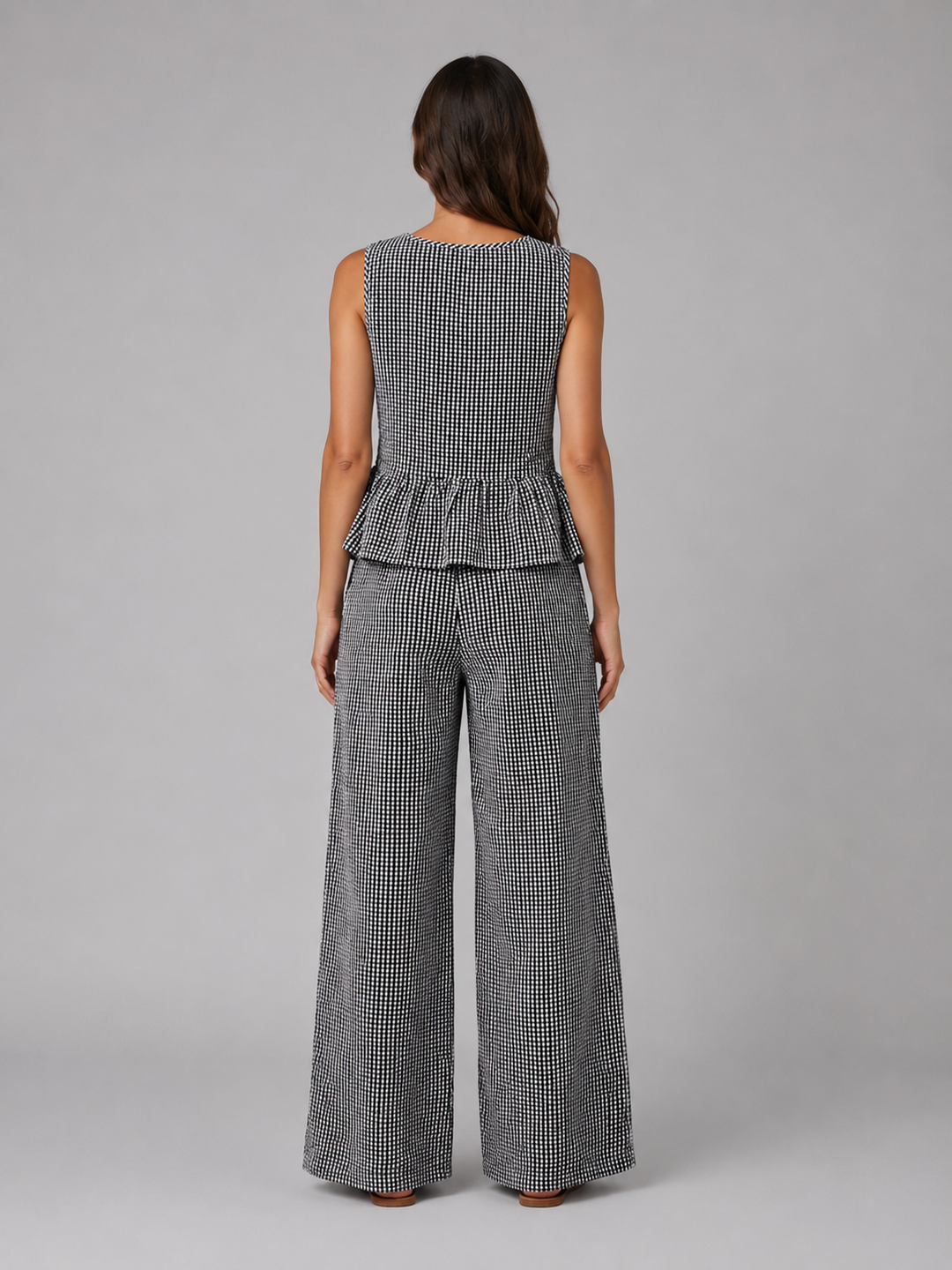 Women's Gingham Two-Piece Set – Sleeveless Top & Wide Leg Trousers