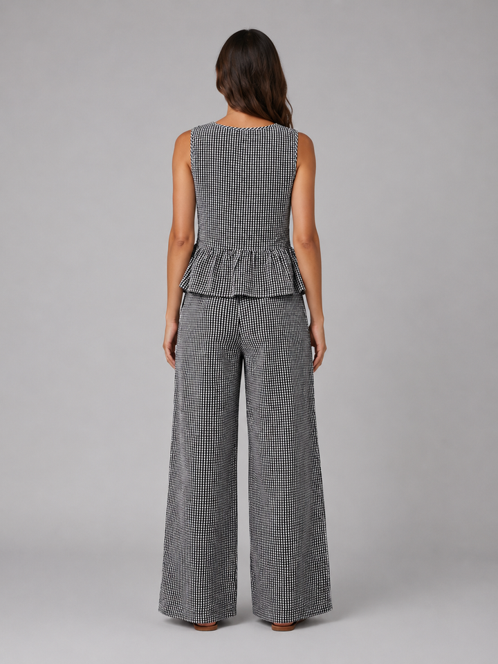 Women's Gingham Two-Piece Set – Sleeveless Top & Wide Leg Trousers