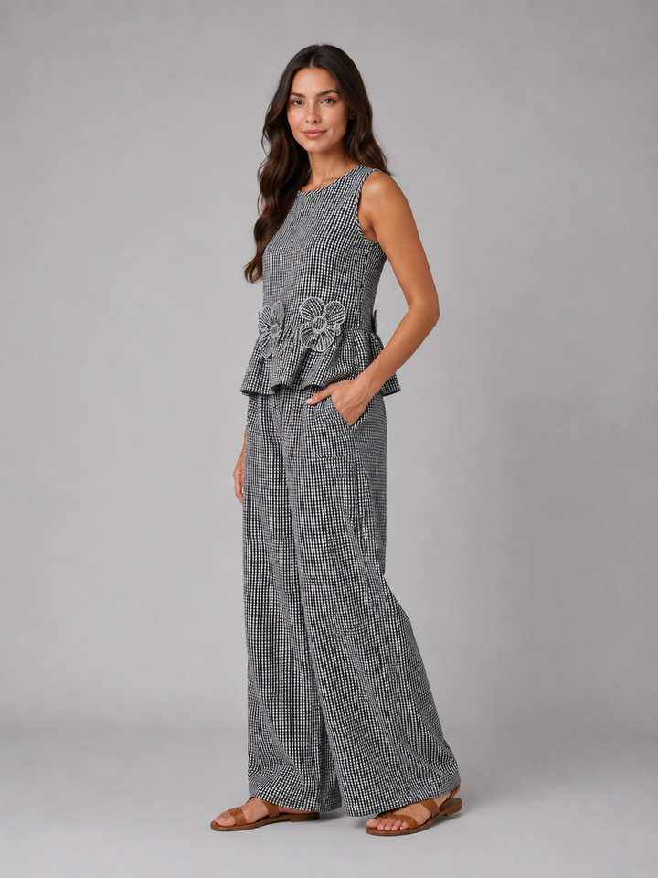 Women's Gingham Two-Piece Set – Sleeveless Top & Wide Leg Trousers