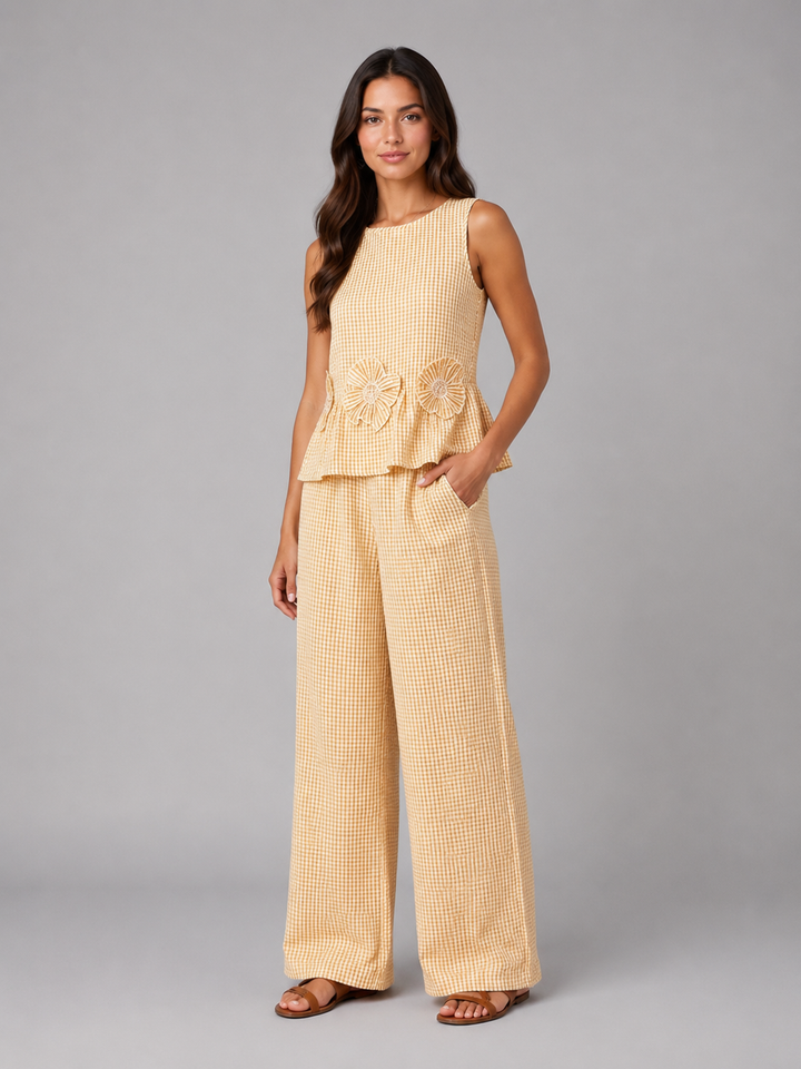 Women's Gingham Two-Piece Set – Sleeveless Top & Wide Leg Trousers
