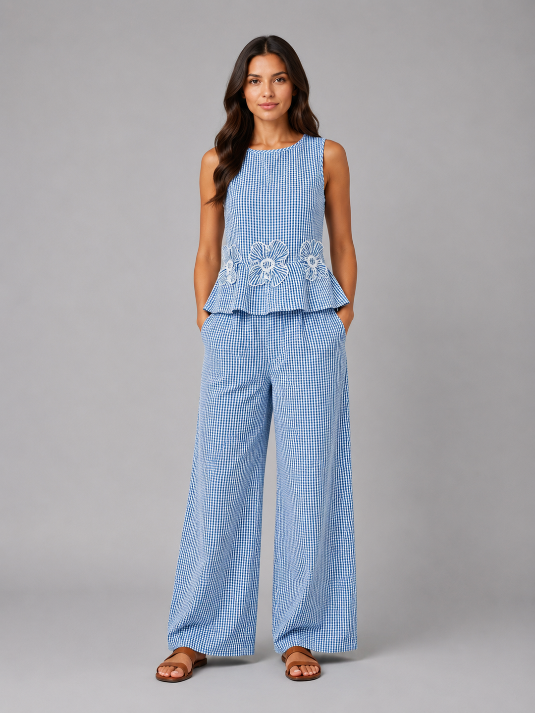 Women's Gingham Two-Piece Set – Sleeveless Top & Wide Leg Trousers