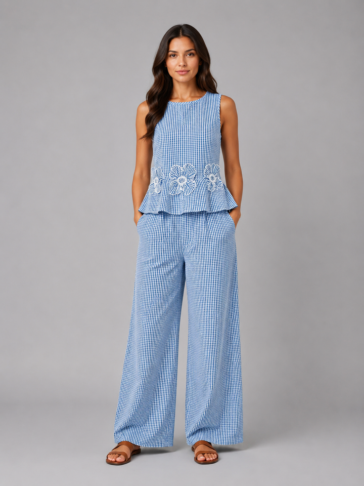 Women's Gingham Two-Piece Set – Sleeveless Top & Wide Leg Trousers