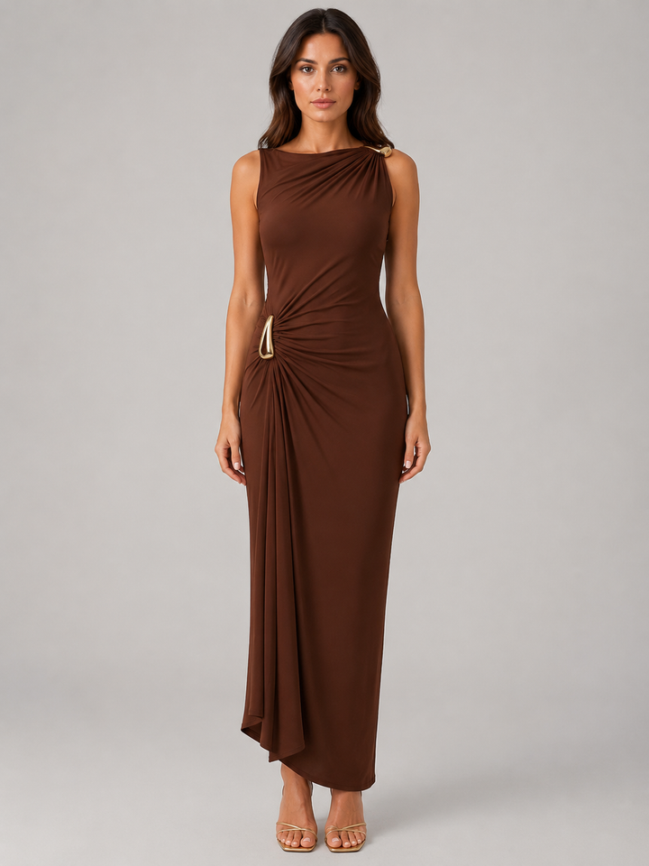 Women’s High Neck Ruched Maxi Dress –  Gold Detail Gown