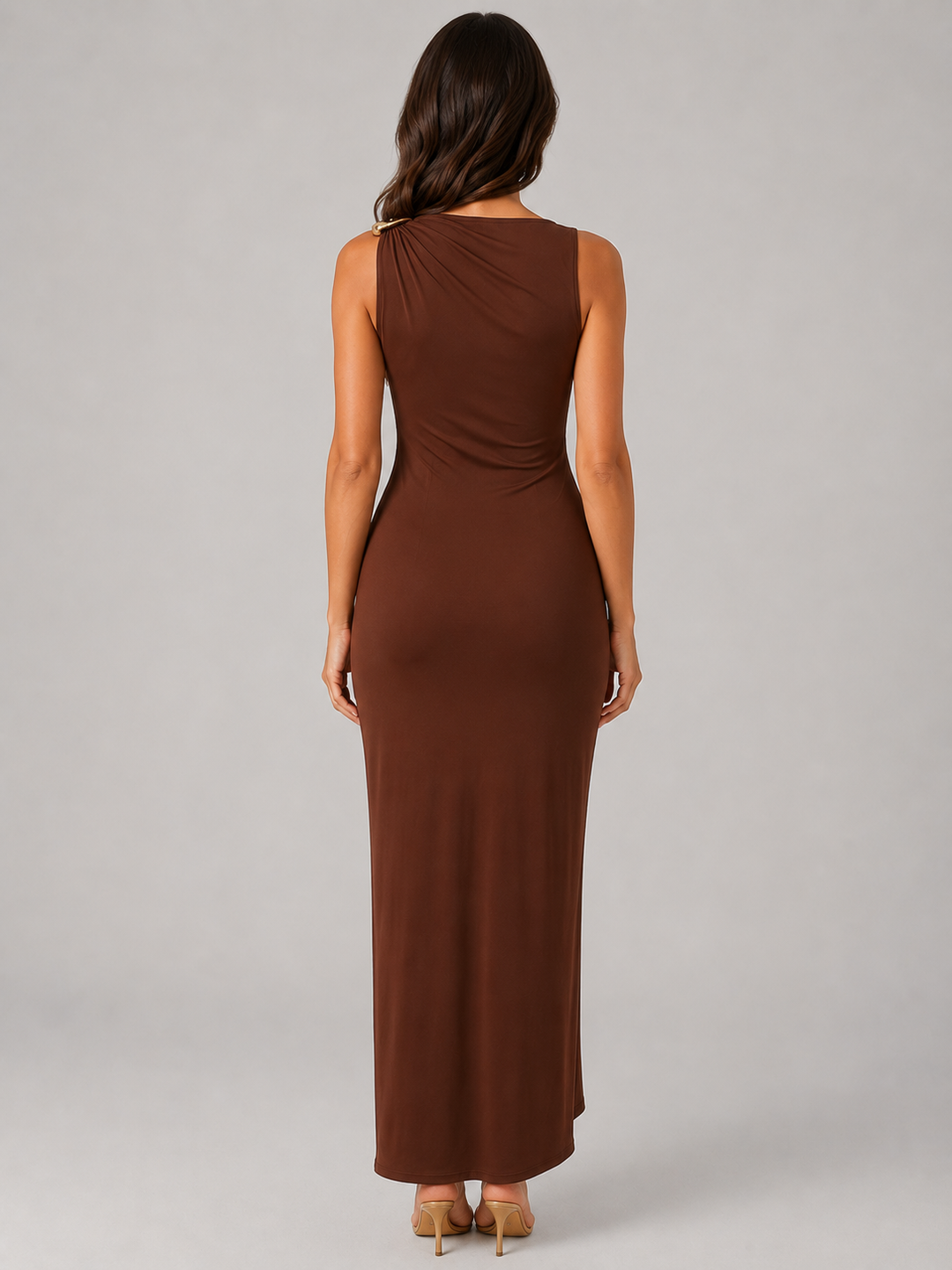 Women’s High Neck Ruched Maxi Dress –  Gold Detail Gown