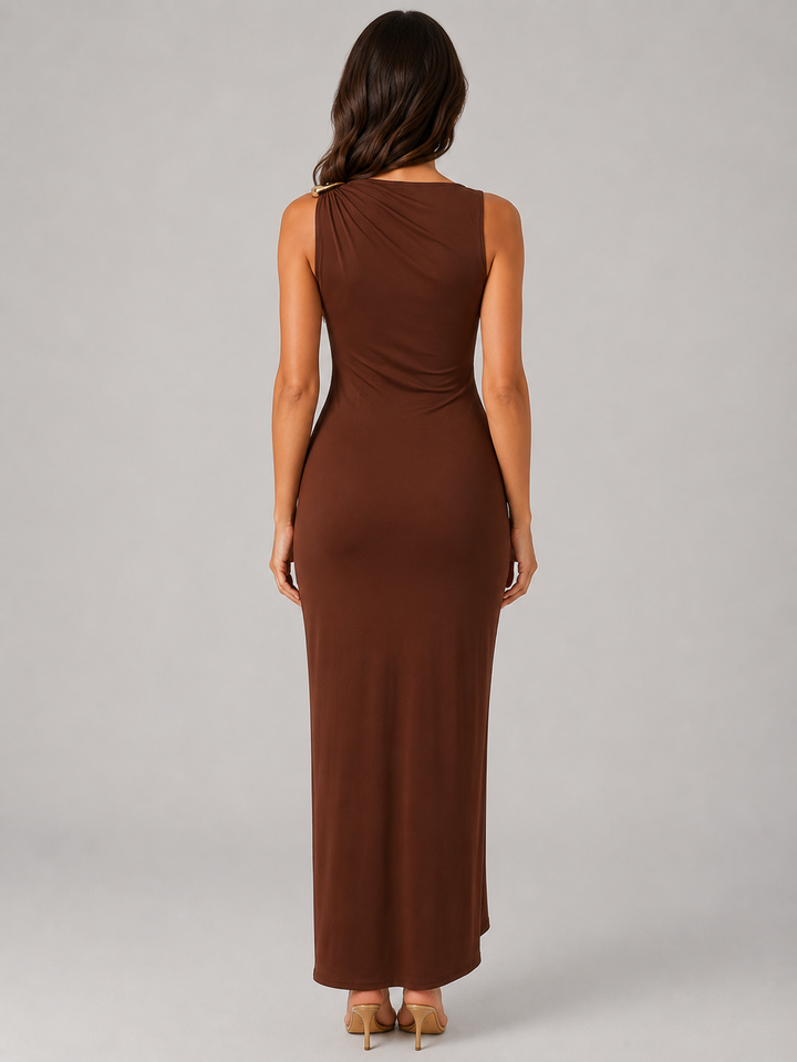 Women’s High Neck Ruched Maxi Dress –  Gold Detail Gown