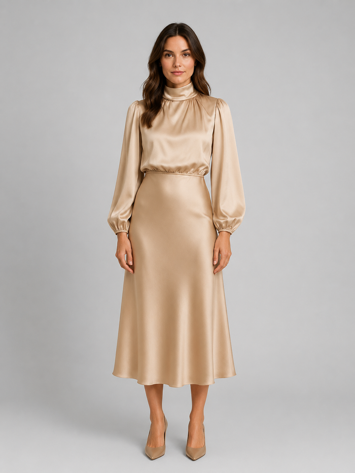 Women’s High Neck Satin Feel Midi Dress – Elegant Long Sleeve Fit