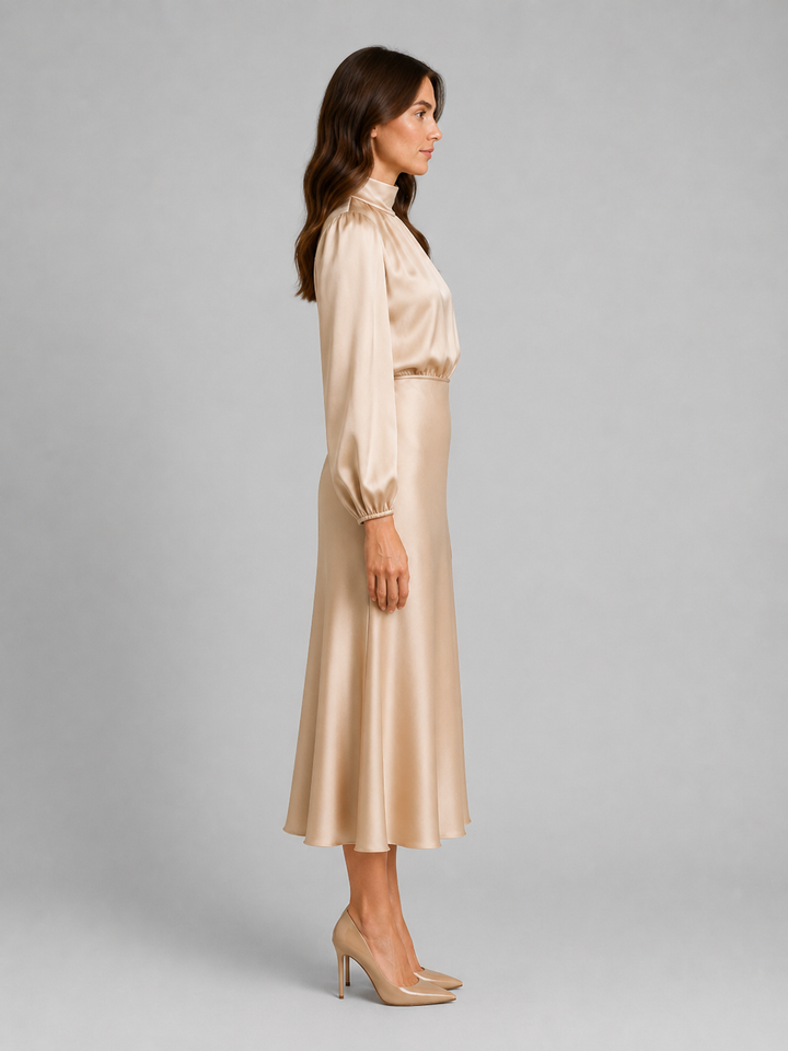 Women’s High Neck Satin Feel Midi Dress – Elegant Long Sleeve Fit