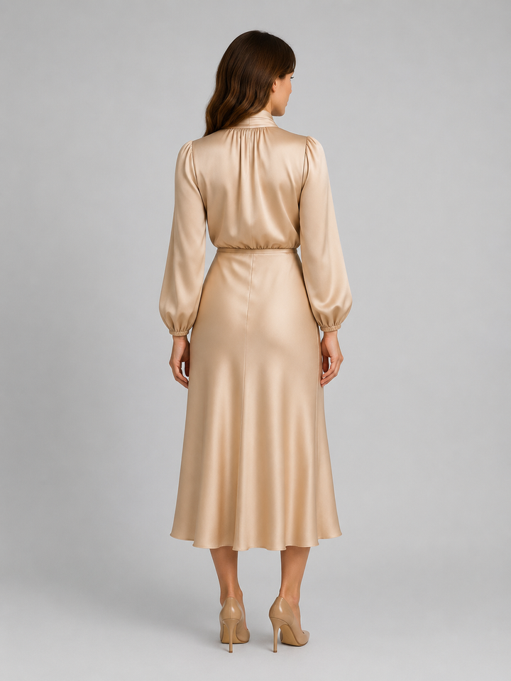 Women’s High Neck Satin Feel Midi Dress – Elegant Long Sleeve Fit