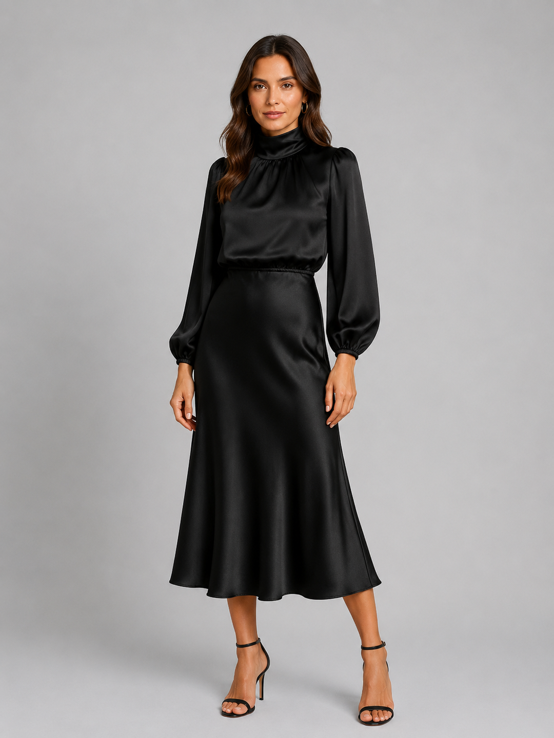 Women’s High Neck Satin Feel Midi Dress – Elegant Long Sleeve Fit