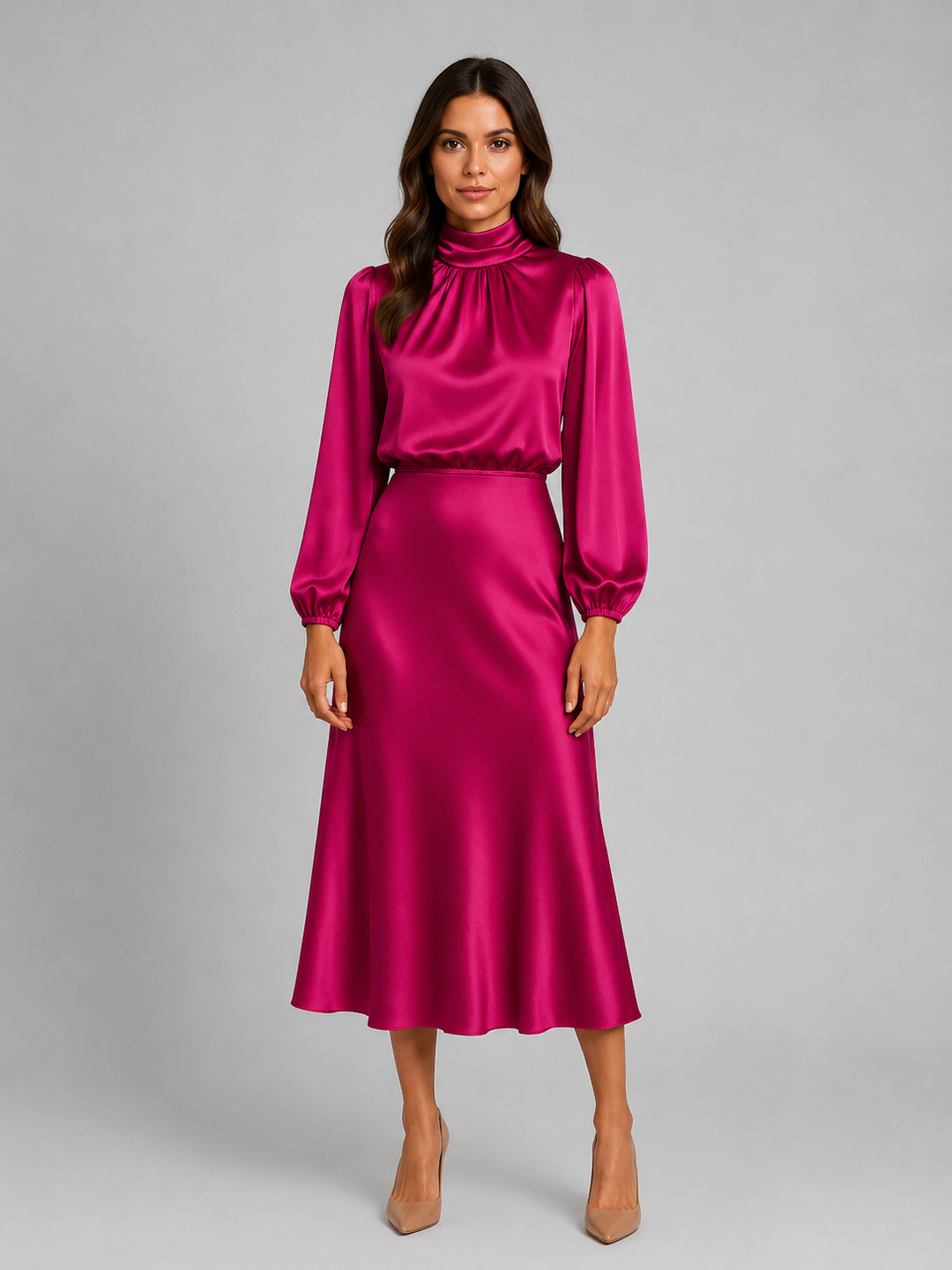 Women’s High Neck Satin Feel Midi Dress – Elegant Long Sleeve Fit