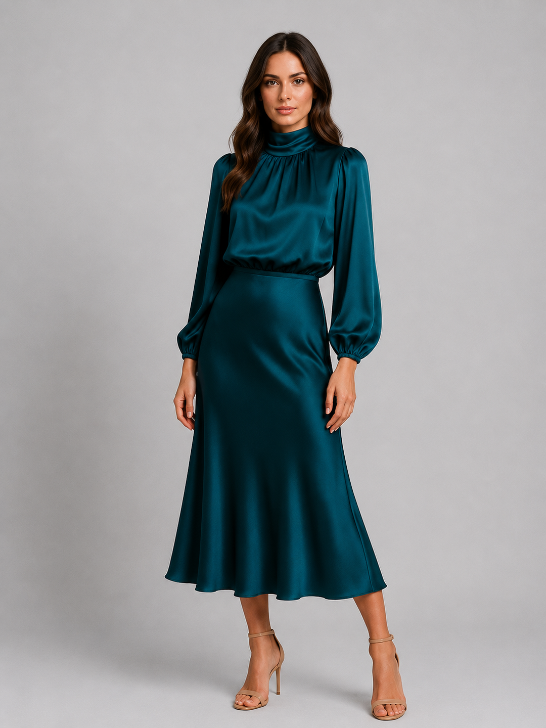 Women’s High Neck Satin Feel Midi Dress – Elegant Long Sleeve Fit