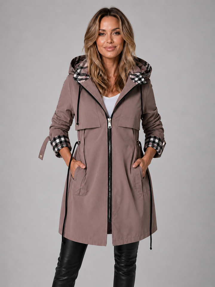 Women’s Hooded Long Jacket – Adjustable Waist Zip Coat