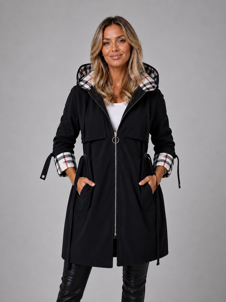 Women’s Hooded Long Jacket – Adjustable Waist Zip Coat